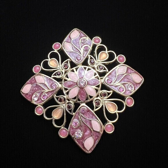 Vintage Purple Enamel and Rhinestone Square Brooch 1.5" x 1.5" - Picture 9 of 10